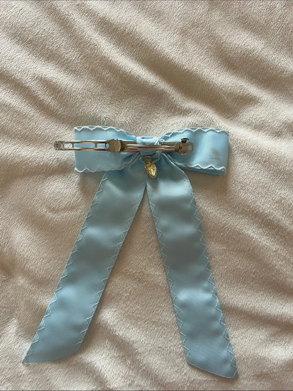 Light Blue Scalloped Ribbon Hair Bow with Orange Charm - Kids Accessories